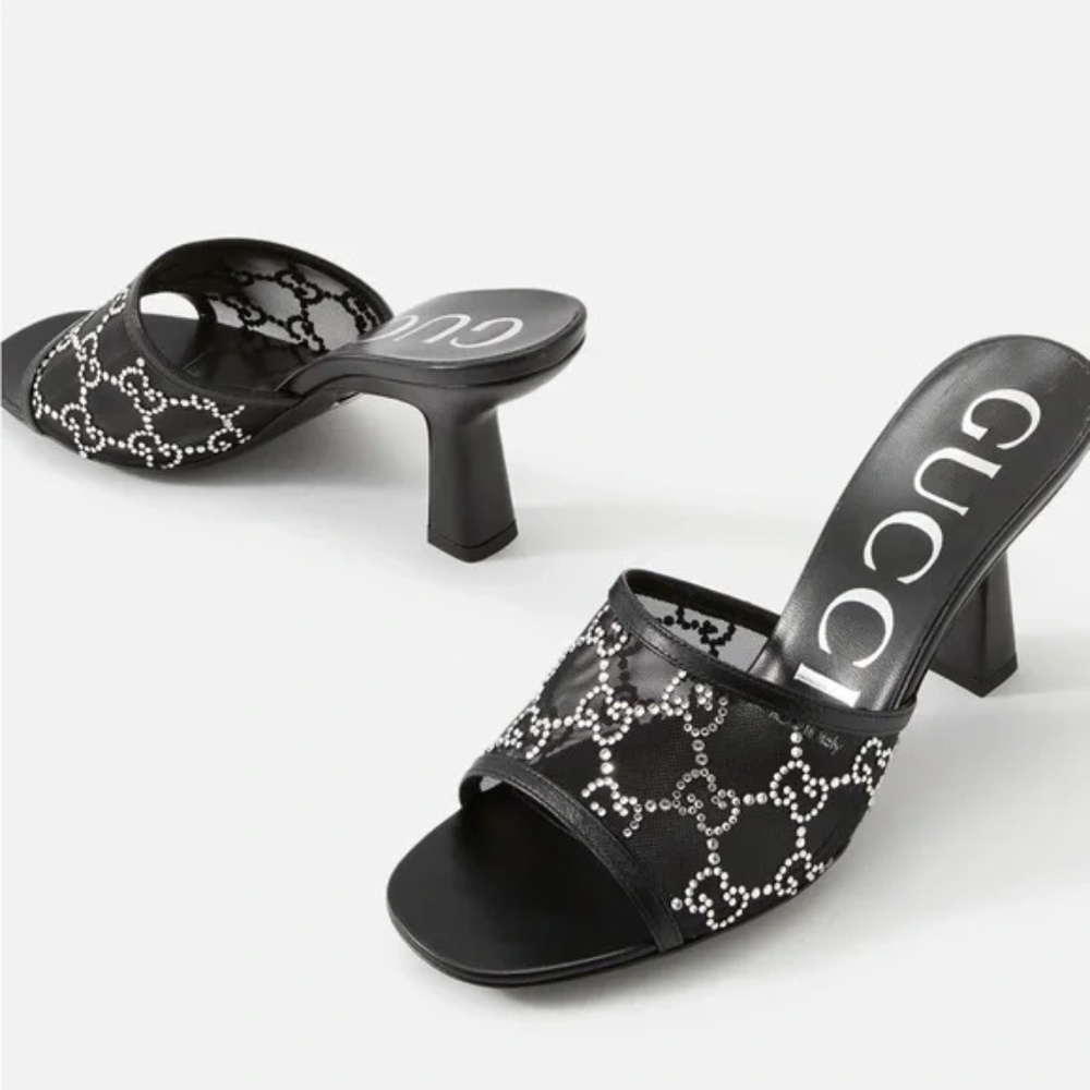 GUCCI Women's "GG" Black Monogrammed Rhinestone Mid-Heels 747245 Size 8.5 NIB